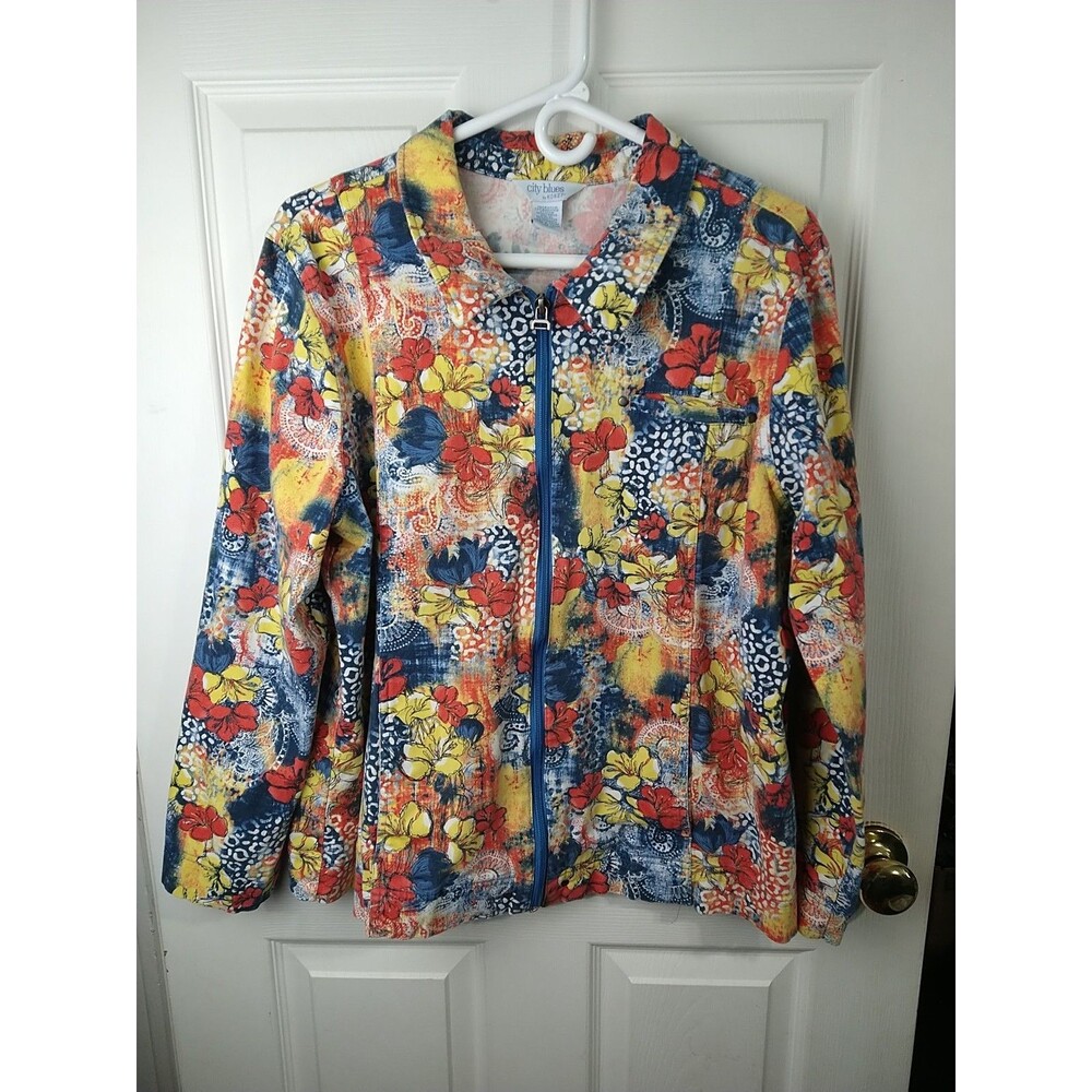 City Blues by KORET Floral Red Blue Yellow White Zip Up Blazer Jacket Size XL